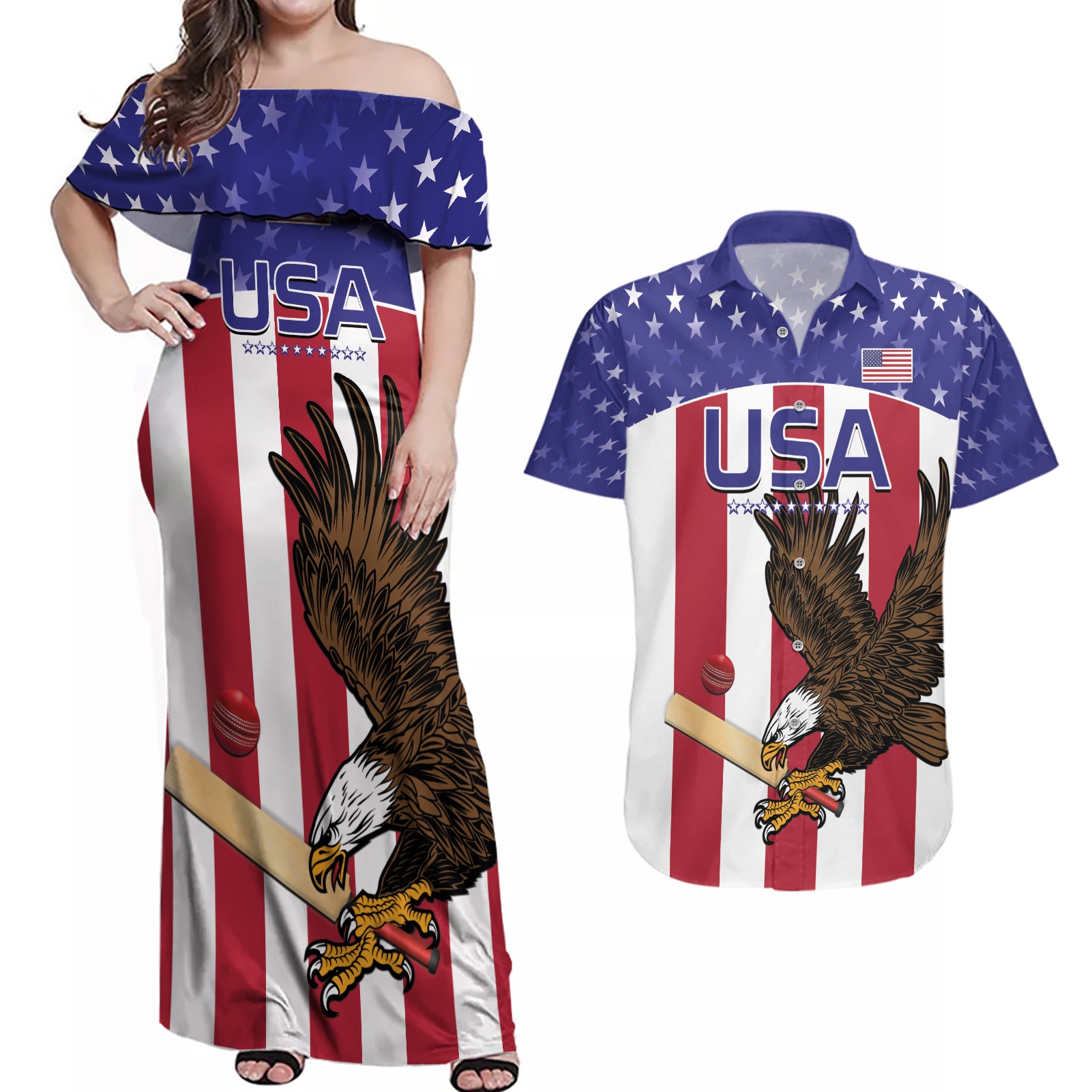 Custom USA 2024 Cricket Couples Matching Off Shoulder Maxi Dress and Hawaiian Shirt Go Champions Eagles - Wonder Print Shop