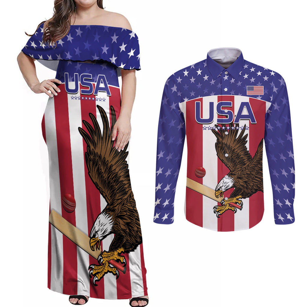 Custom USA 2024 Cricket Couples Matching Off Shoulder Maxi Dress and Long Sleeve Button Shirt Go Champions Eagles - Wonder Print Shop