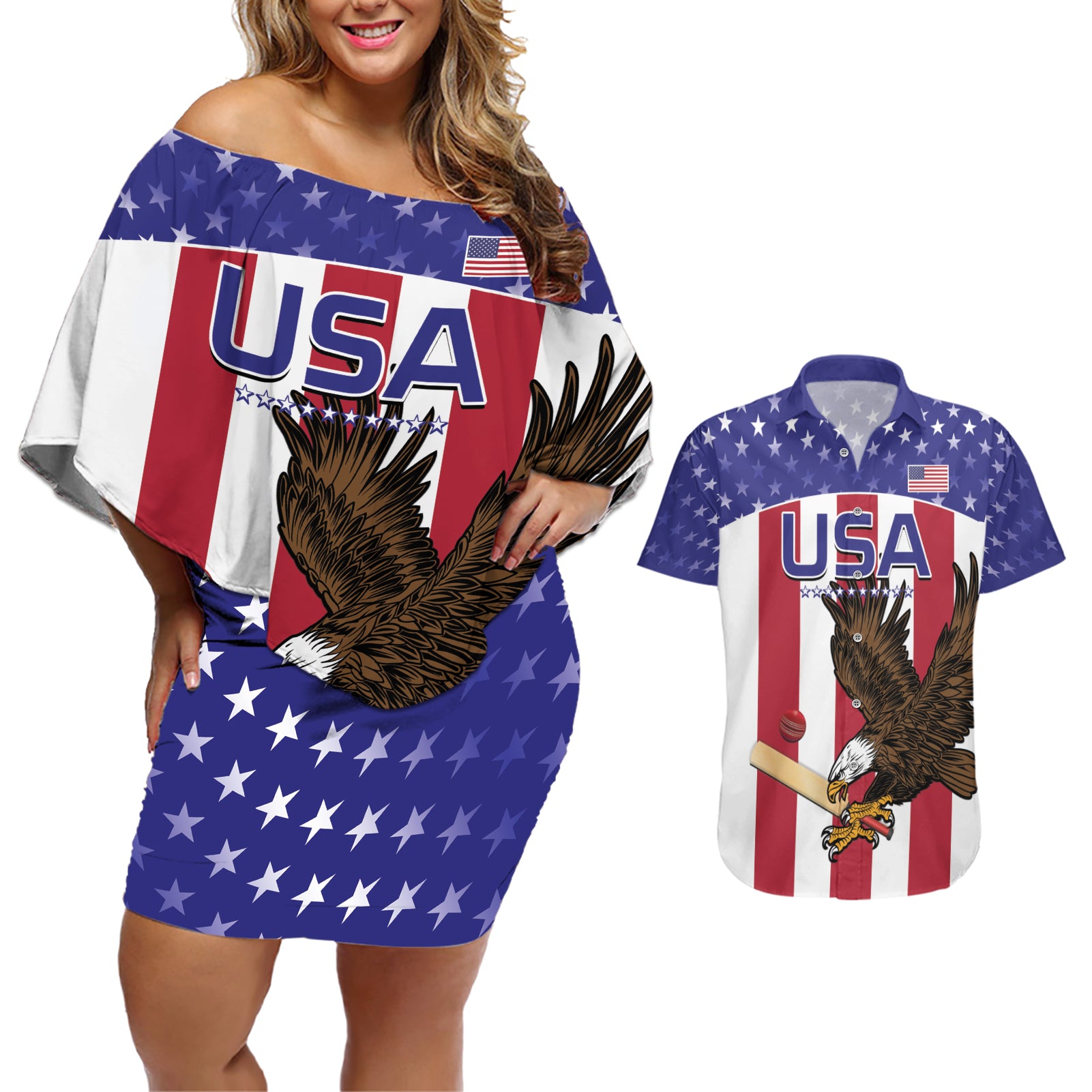 Custom USA 2024 Cricket Couples Matching Off Shoulder Short Dress and Hawaiian Shirt Go Champions Eagles - Wonder Print Shop