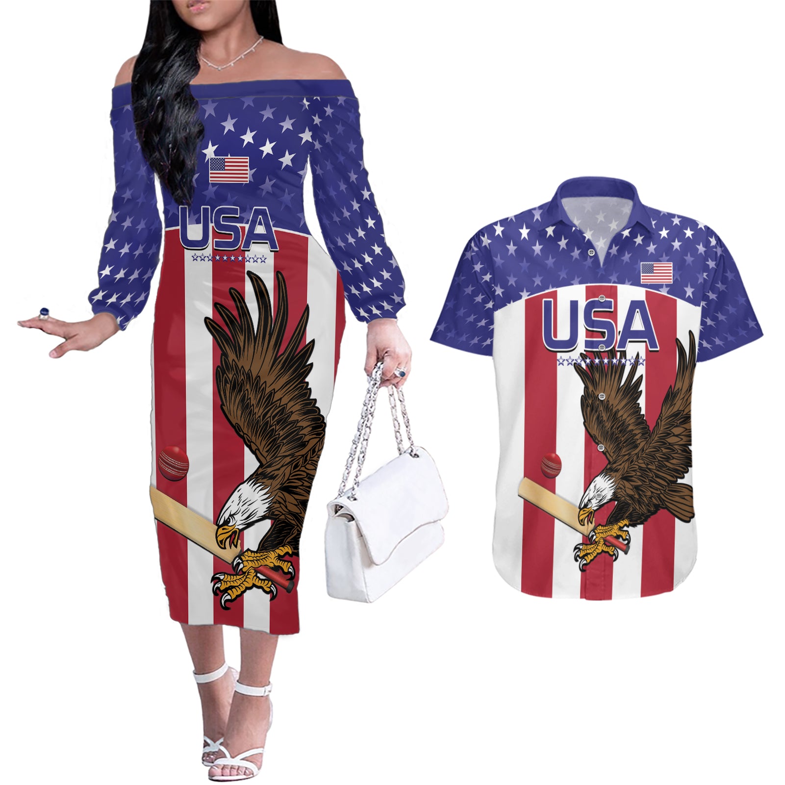 Custom USA 2024 Cricket Couples Matching Off The Shoulder Long Sleeve Dress and Hawaiian Shirt Go Champions Eagles - Wonder Print Shop