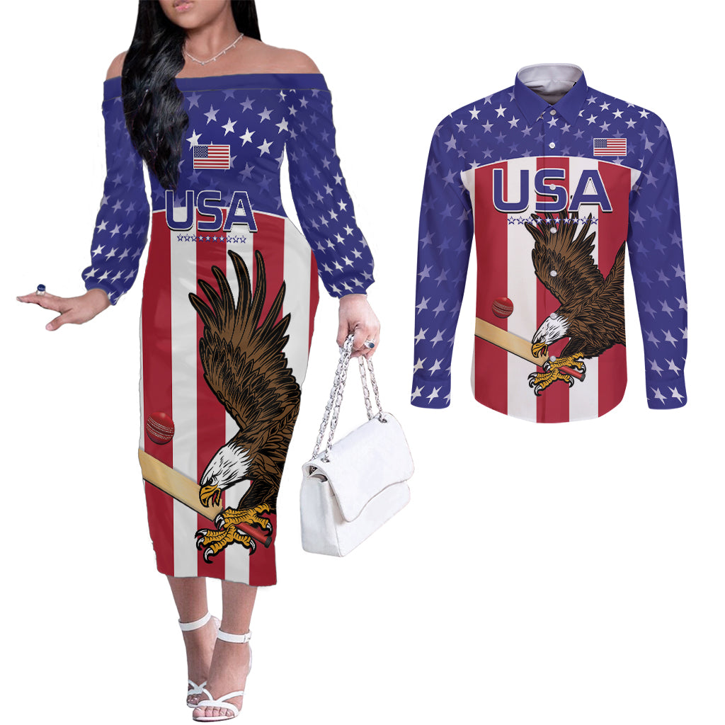 Custom USA 2024 Cricket Couples Matching Off The Shoulder Long Sleeve Dress and Long Sleeve Button Shirt Go Champions Eagles