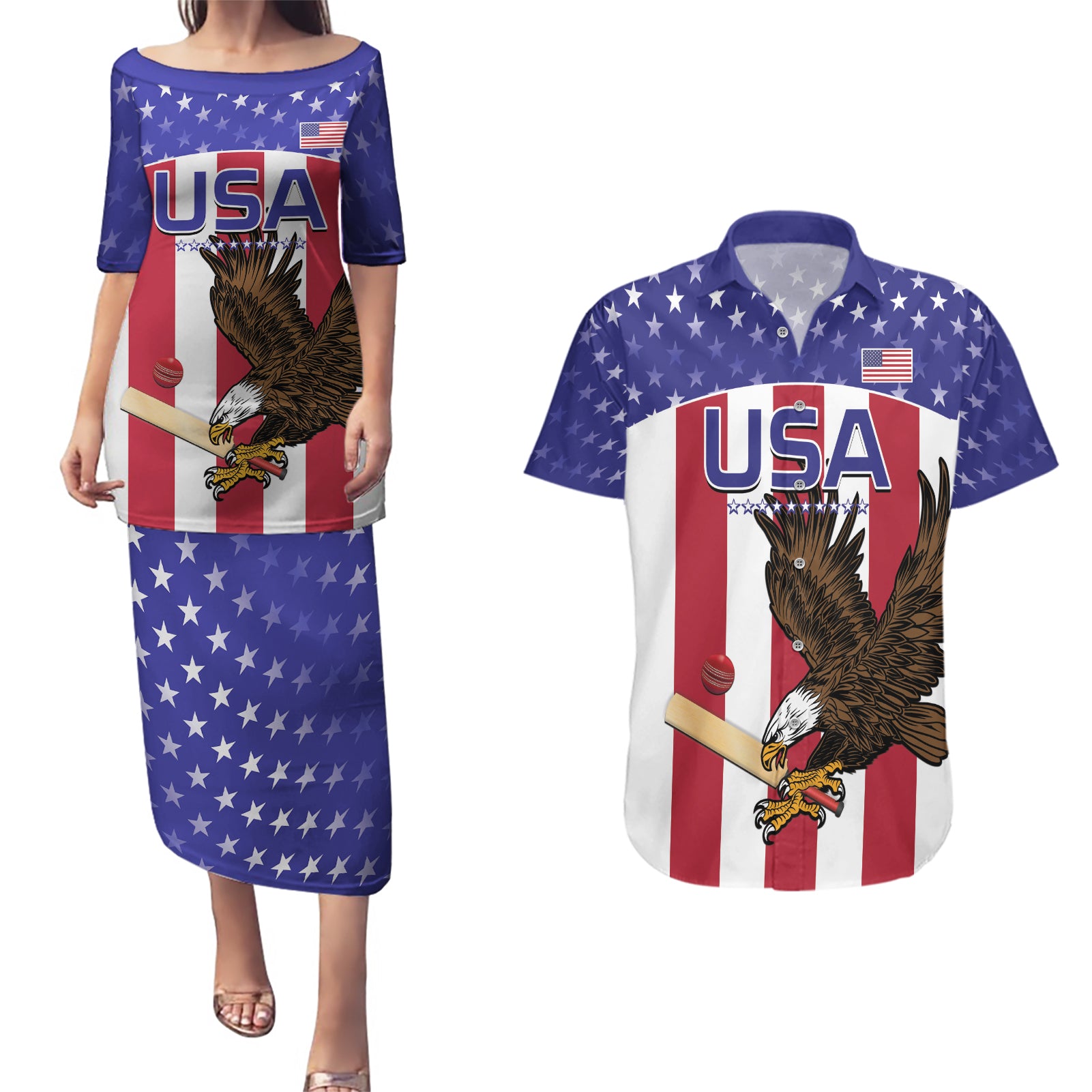 Custom USA 2024 Cricket Couples Matching Puletasi and Hawaiian Shirt Go Champions Eagles - Wonder Print Shop