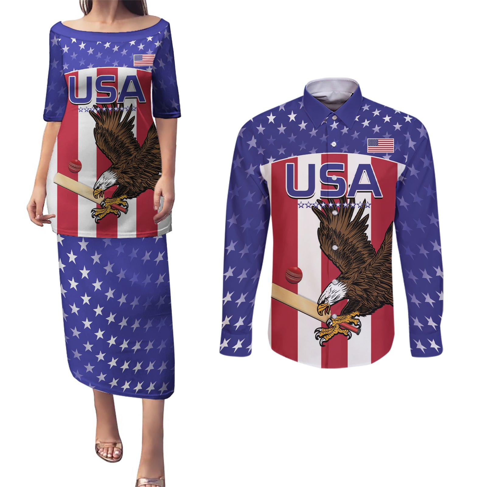 Custom USA 2024 Cricket Couples Matching Puletasi and Long Sleeve Button Shirt Go Champions Eagles - Wonder Print Shop