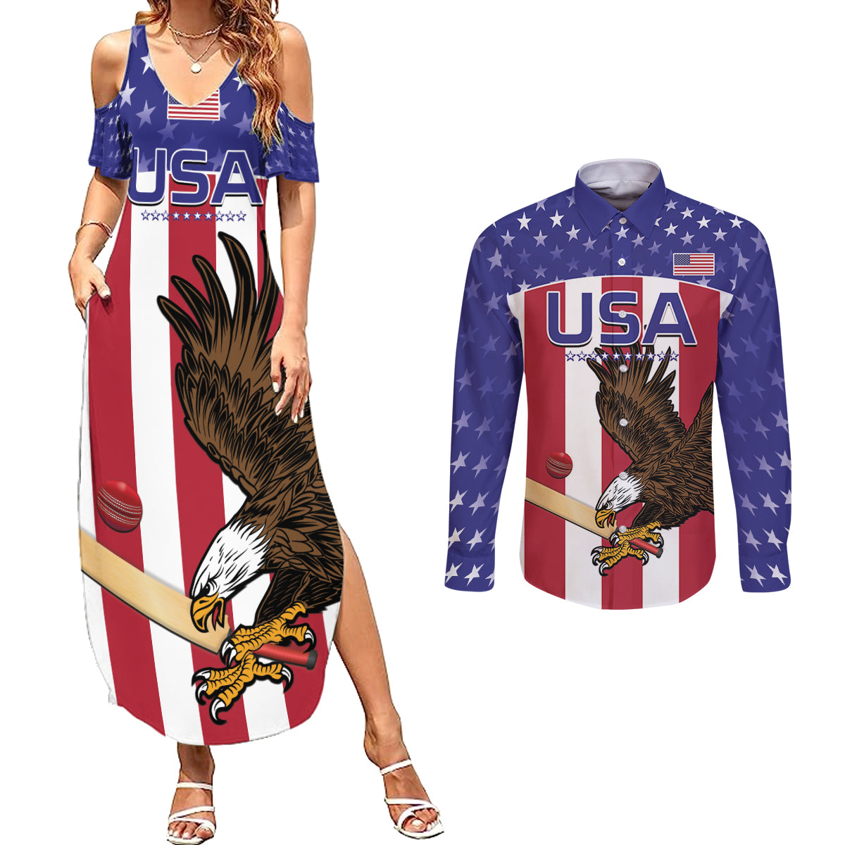 Custom USA 2024 Cricket Couples Matching Summer Maxi Dress and Long Sleeve Button Shirt Go Champions Eagles - Wonder Print Shop