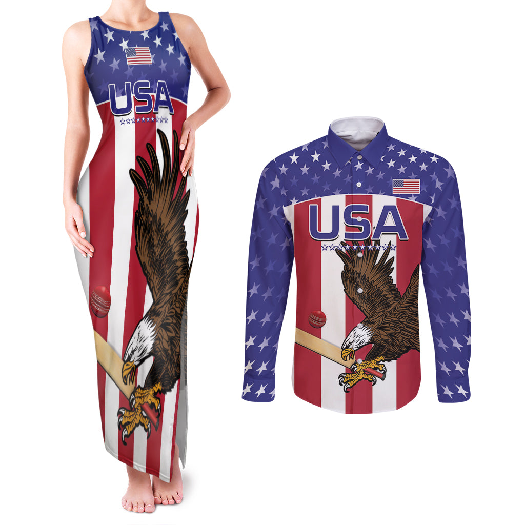 Custom USA 2024 Cricket Couples Matching Tank Maxi Dress and Long Sleeve Button Shirt Go Champions Eagles - Wonder Print Shop