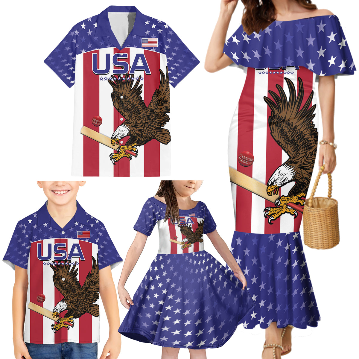 Custom USA 2024 Cricket Family Matching Mermaid Dress and Hawaiian Shirt Go Champions Eagles - Wonder Print Shop