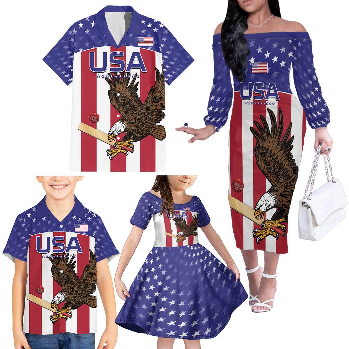 Custom USA 2024 Cricket Family Matching Off The Shoulder Long Sleeve Dress and Hawaiian Shirt Go Champions Eagles - Wonder Print Shop