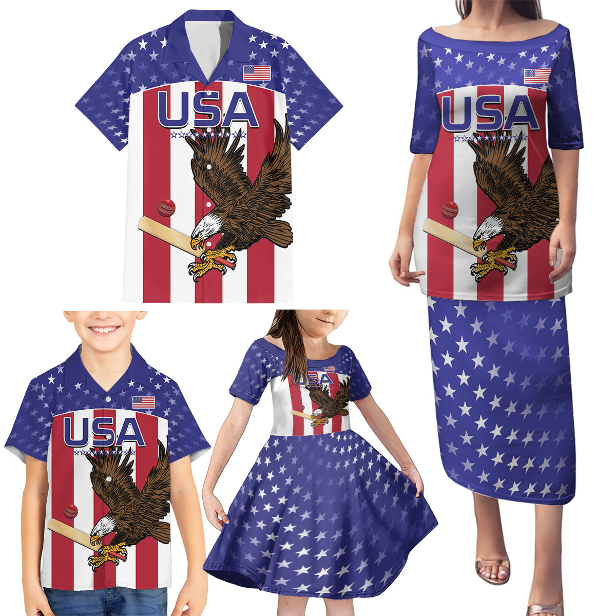 Custom USA 2024 Cricket Family Matching Puletasi and Hawaiian Shirt Go Champions Eagles - Wonder Print Shop