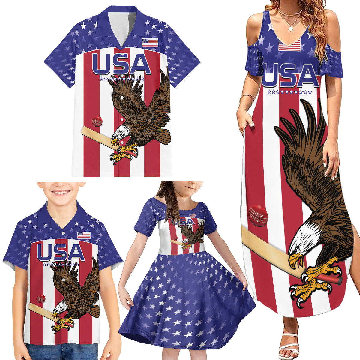 Custom USA 2024 Cricket Family Matching Summer Maxi Dress and Hawaiian Shirt Go Champions Eagles - Wonder Print Shop