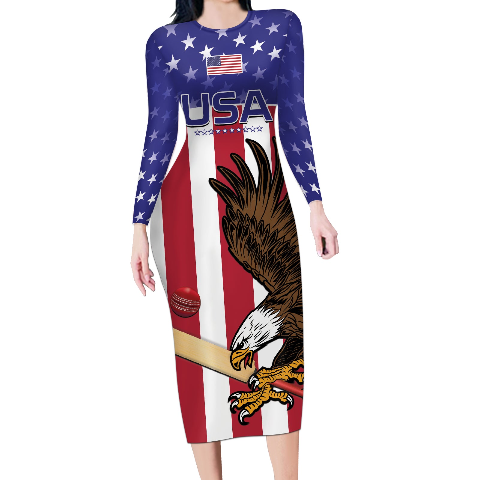 Custom USA 2024 Cricket Long Sleeve Bodycon Dress Go Champions Eagles - Wonder Print Shop