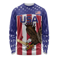 Long-sleeve cricket shirt with USA flag, eagle graphic, navy and red sleeves