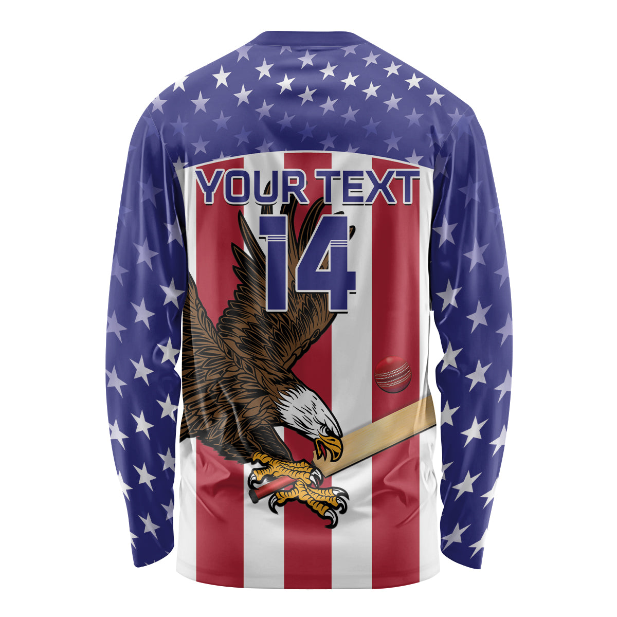 Long-sleeve cricket shirt back with YOUR TEXT LT4, eagle over red-and-white stars