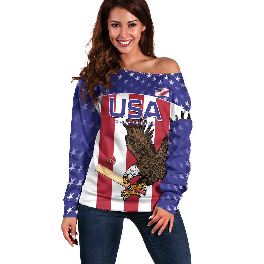 Custom USA 2024 Cricket Off Shoulder Sweater Go Champions Eagles - Wonder Print Shop