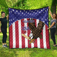 USA eagle quilt held outdoors on grass, blue star border with red-white stripes
