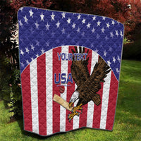 USA eagle quilt outdoors with quilted diamond texture, blue stars and red-white stripes
