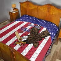 USA eagle quilt on bed, red-white diagonal stripes with blue stars and eagle graphic