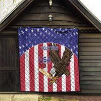USA eagle quilt on porch display, blue star field with red-white striped center design