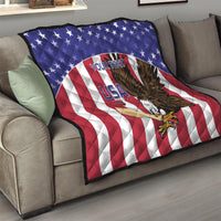 USA eagle quilt on sofa with quilted diamonds, blue stars, and red-white striped design