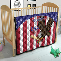 USA eagle quilt on a crib, with blue stars and red-white striped center artwork
