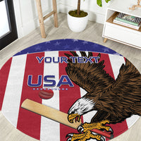 Round cricket rug with USA flag, eagle design, and 'YOUR TEXT' print