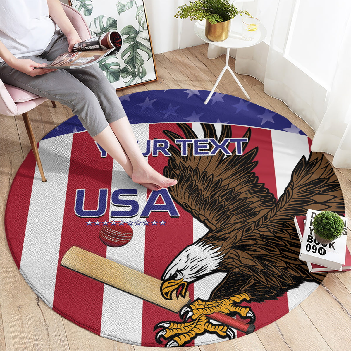 Round USA eagle cricket rug with blue star border and 'YOUR TEXT' banner