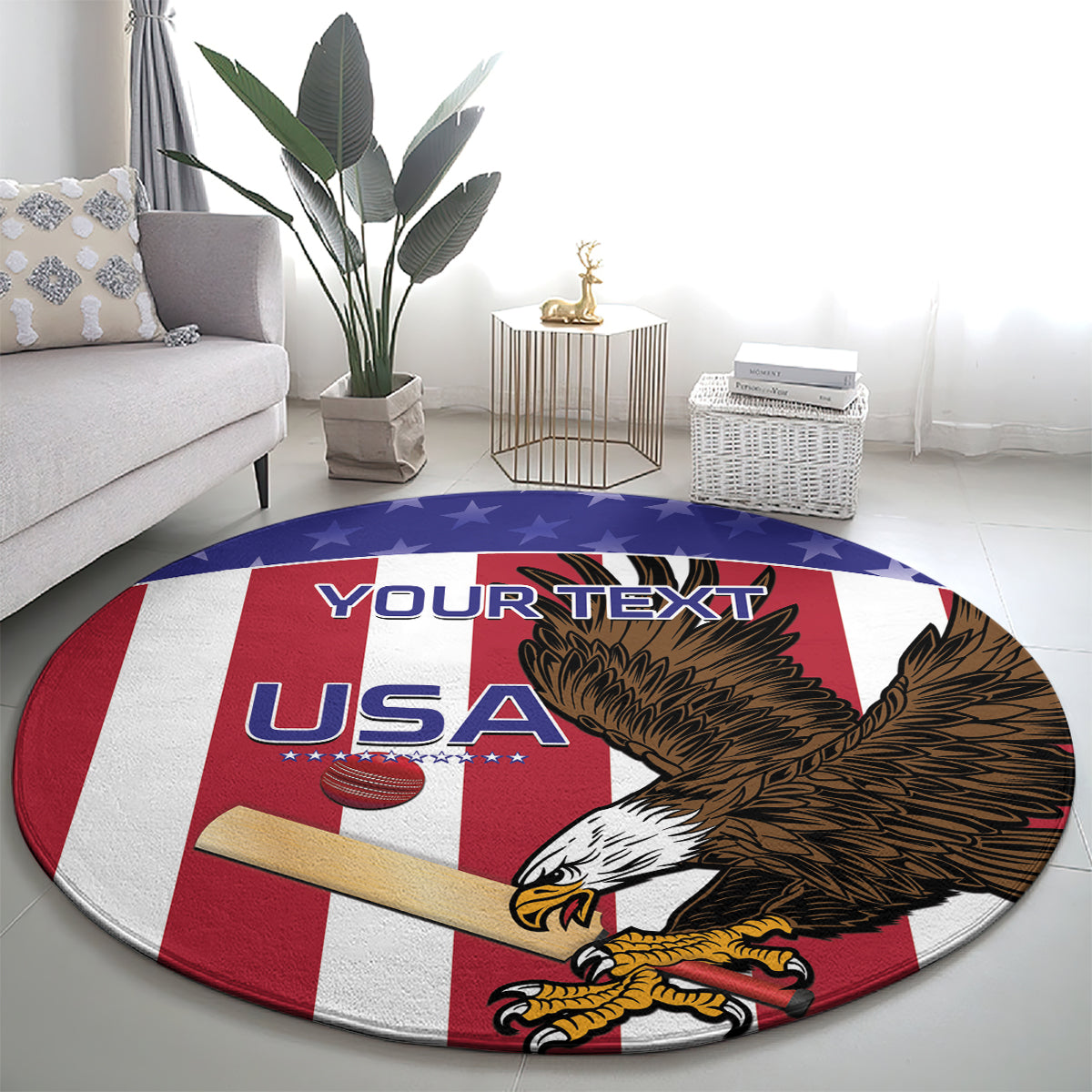 Round cricket carpet rug: USA eagle over flag stripes with 'YOUR TEXT' at top