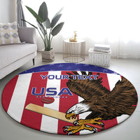 Round cricket carpet rug: USA eagle over flag stripes with 'YOUR TEXT' at top