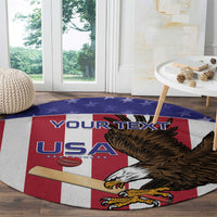 Round cricket rug with USA flag, eagle head graphic, and 'YOUR TEXT' text