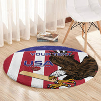 Round USA cricket carpet rug with flag stripes and eagle graphic, 'YOUR TEXT' center