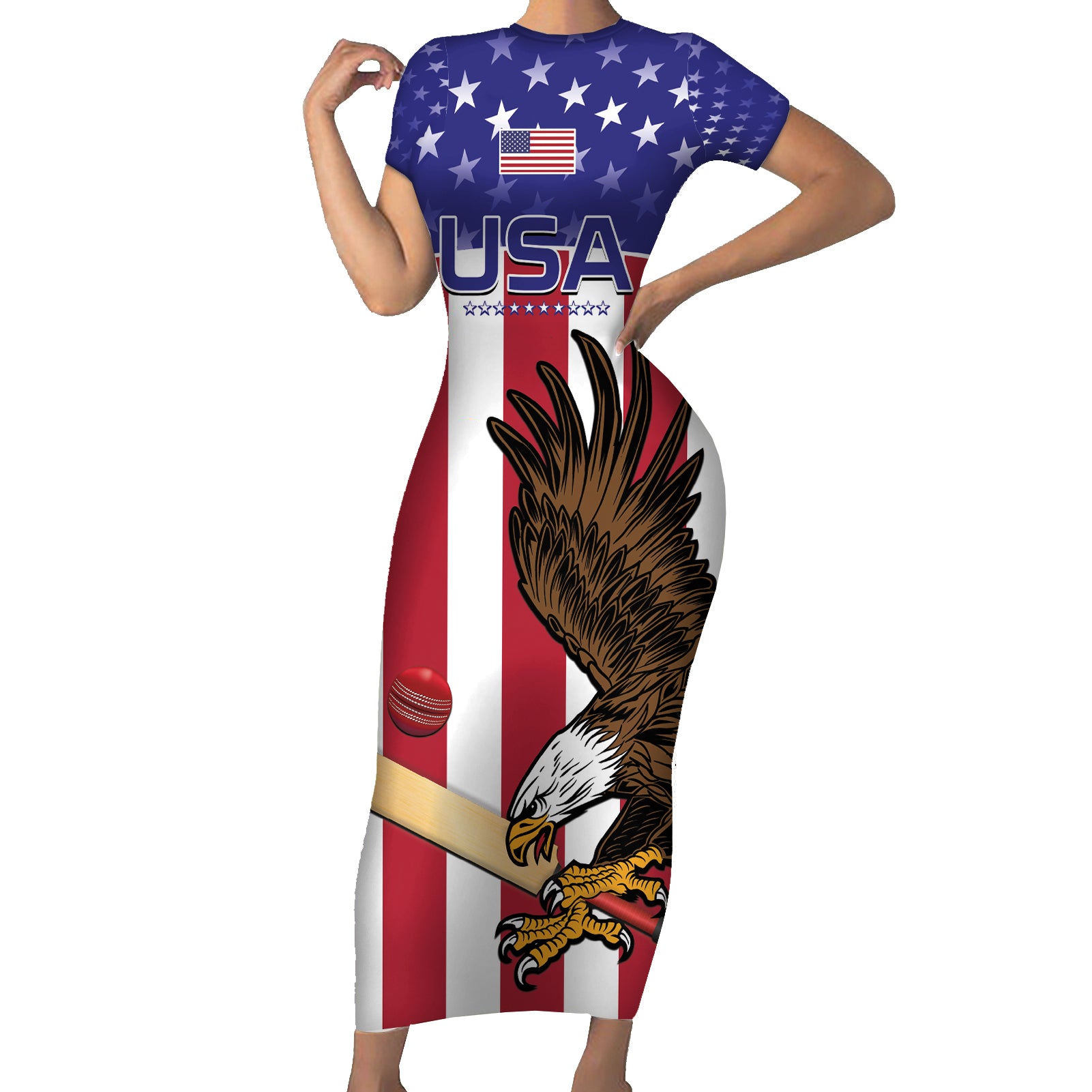 Custom USA 2024 Cricket Short Sleeve Bodycon Dress Go Champions Eagles