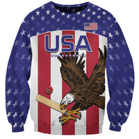 Unisex red-and-navy USA 2024 cricket sweatshirt with eagle graphic and flag print