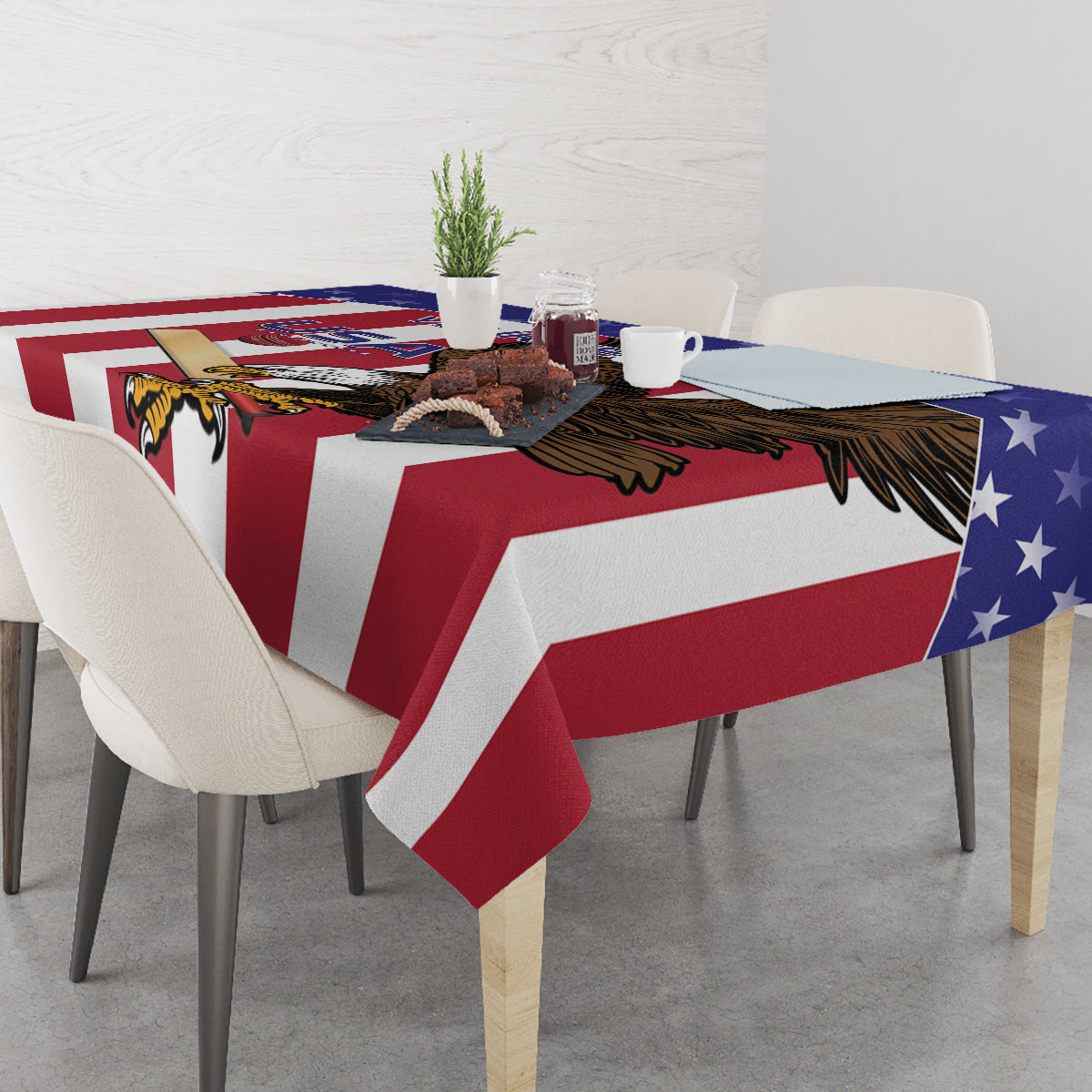 Cricket tablecloth with USA flags design, eagle and stars across the table