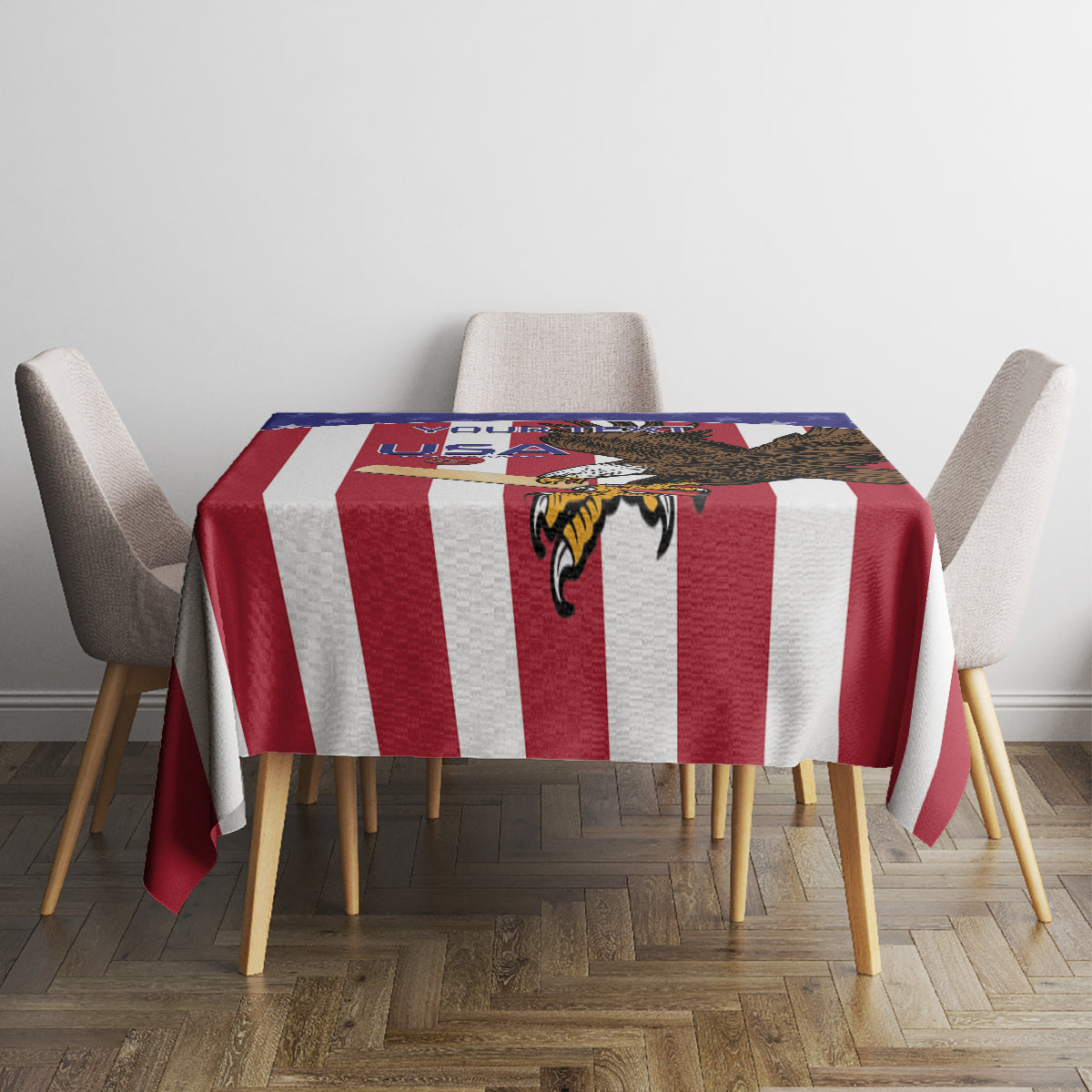 Red, white and navy cricket tablecloth on dining table with matching patterned print