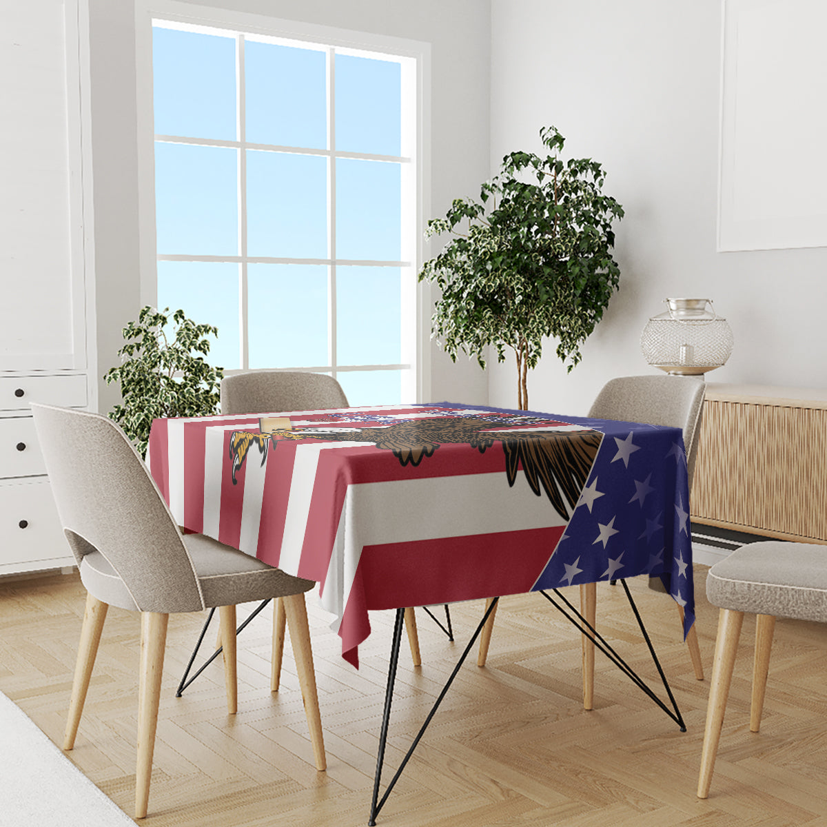 Red, white and blue cricket tablecloth with stars and eagle on dining table