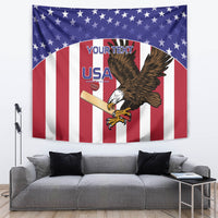 USA-themed cricket tapestry with eagle, stars-and-stripes, and "YOUR TEXT" header