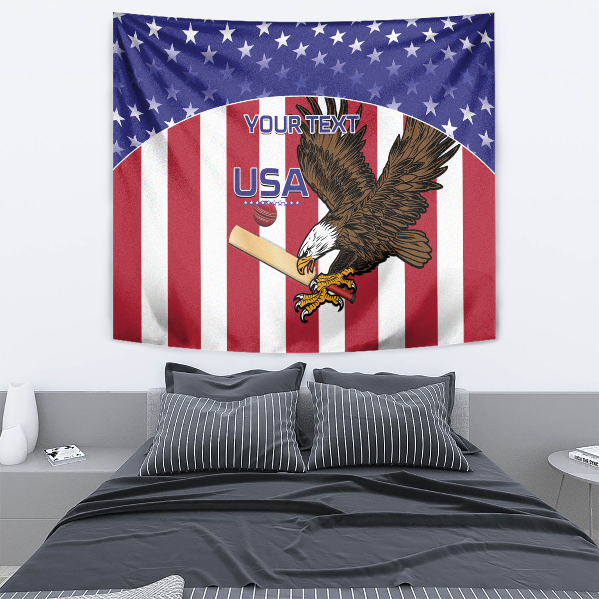 USA eagle tapestry with stars border, red-and-white stripes, and "YOUR TEXT" block
