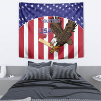 USA eagle tapestry with stars border, red-and-white stripes, and "YOUR TEXT" block
