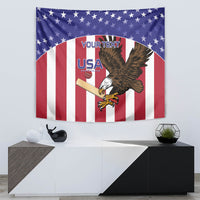 USA eagle wall tapestry with blue stars top, red-and-white stripes, and "YOUR TEXT"