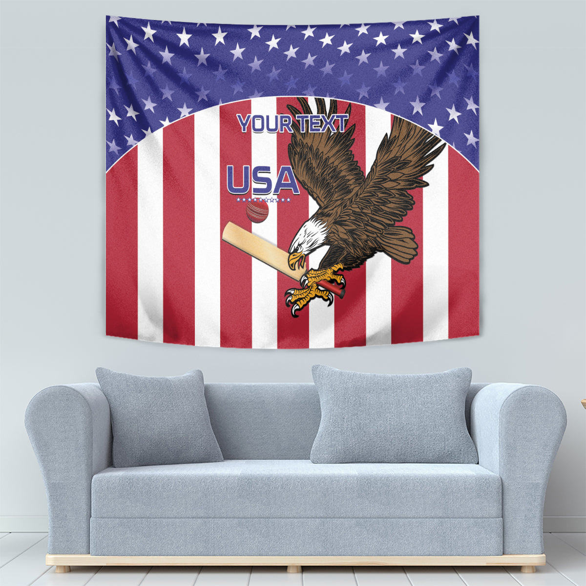 USA eagle tapestry featuring stars-and-stripes background and "YOUR TEXT" label