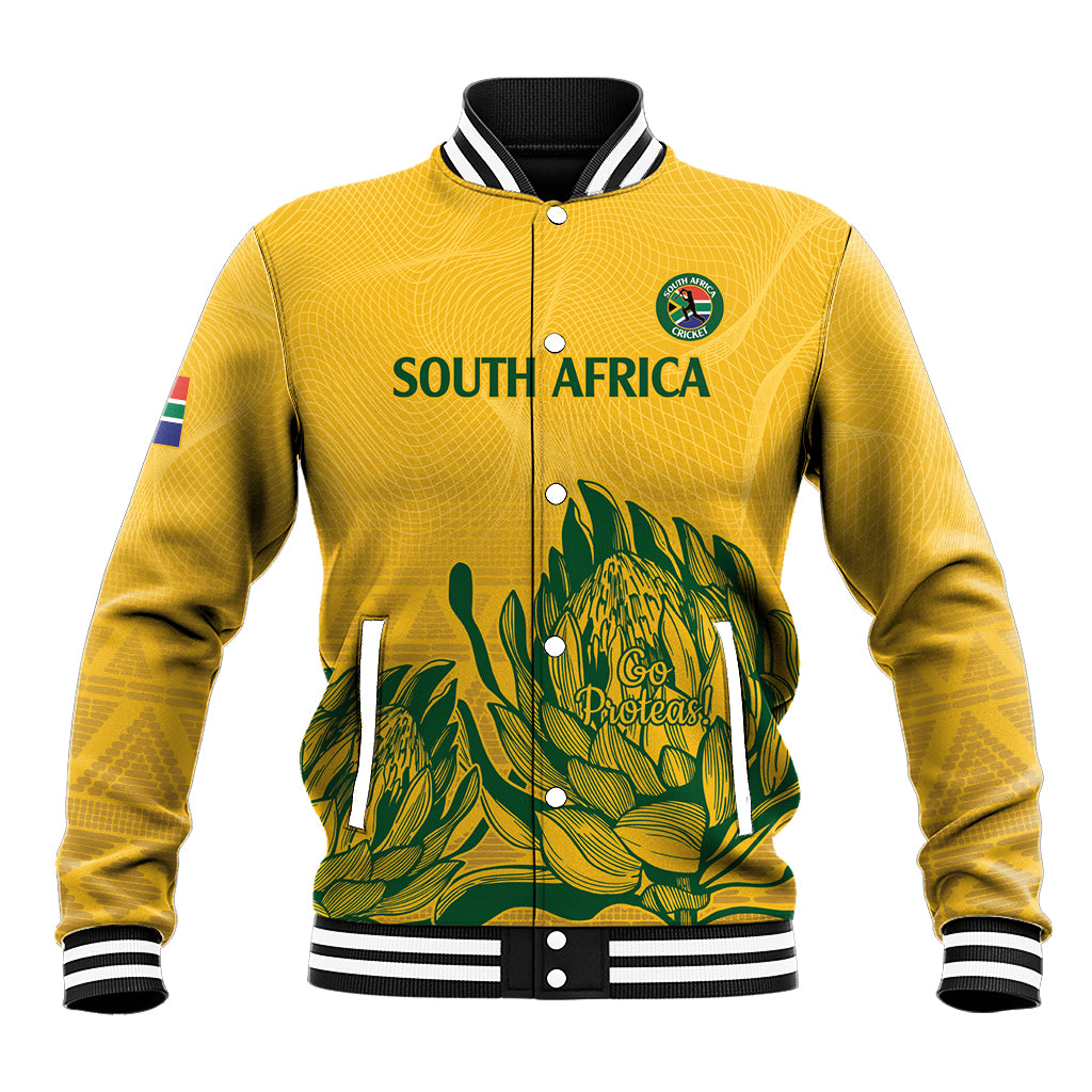 Yellow varsity baseball jacket with zip, ribbed collar, floral Proteas-style graphic