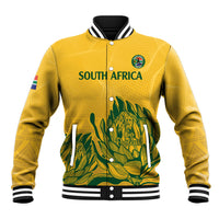 Yellow varsity baseball jacket with zip, ribbed collar, floral Proteas-style graphic