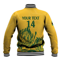 Yellow back view baseball jacket with striped cuffs and '14' crest graphic