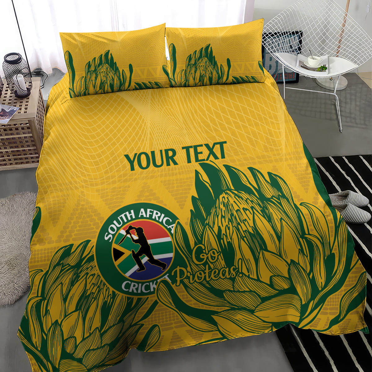 Yellow duvet with green plant and cricket-themed graphics, Proteas logo, and “YOUR TEXT”