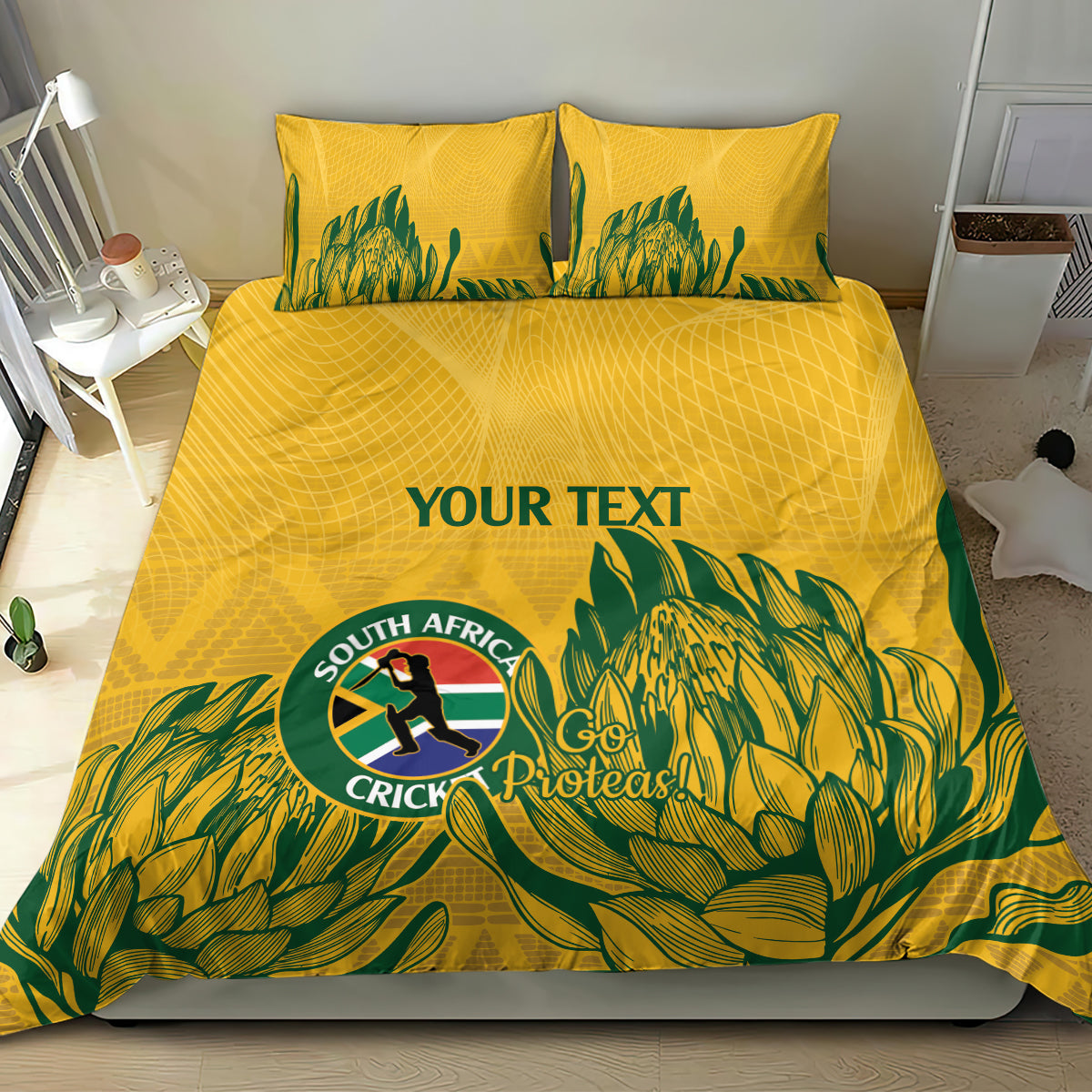 Yellow bedding set featuring green leaf pattern, South Africa Cricket Proteas logo, “YOUR TEXT”