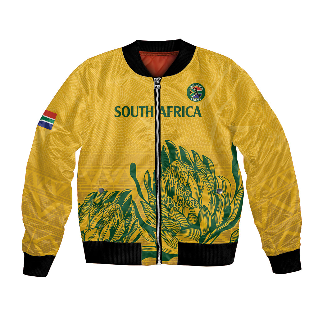 Yellow cricket bomber jacket with front zipper, ribbed cuffs, South Africa and Proteas graphics