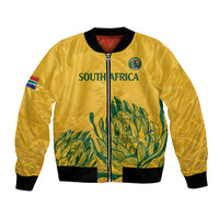 Yellow cricket bomber jacket with front zipper, ribbed cuffs, South Africa and Proteas graphics