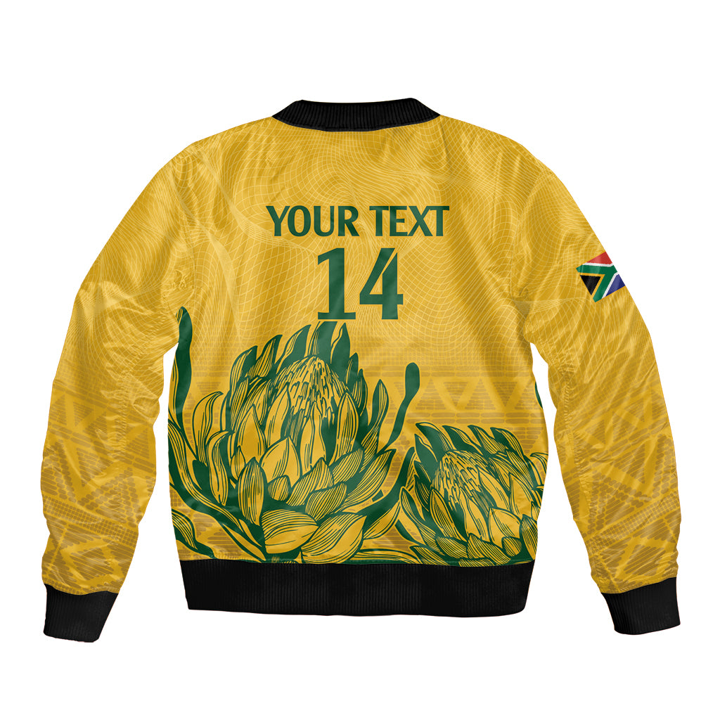Yellow bomber jacket with YOUR TEXT 14 on back, green botanical print, ribbed hem