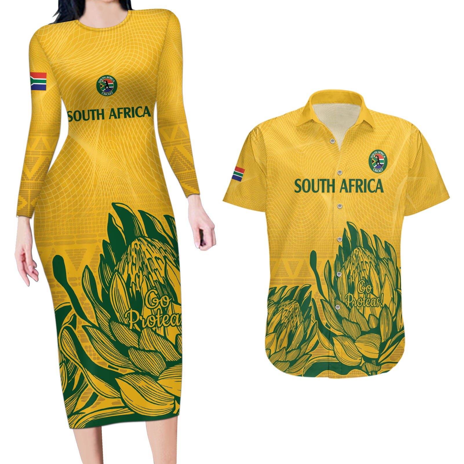 Custom South Africa Cricket Couples Matching Long Sleeve Bodycon Dress and Hawaiian Shirt 2024 African Pattern Go Proteas - Wonder Print Shop