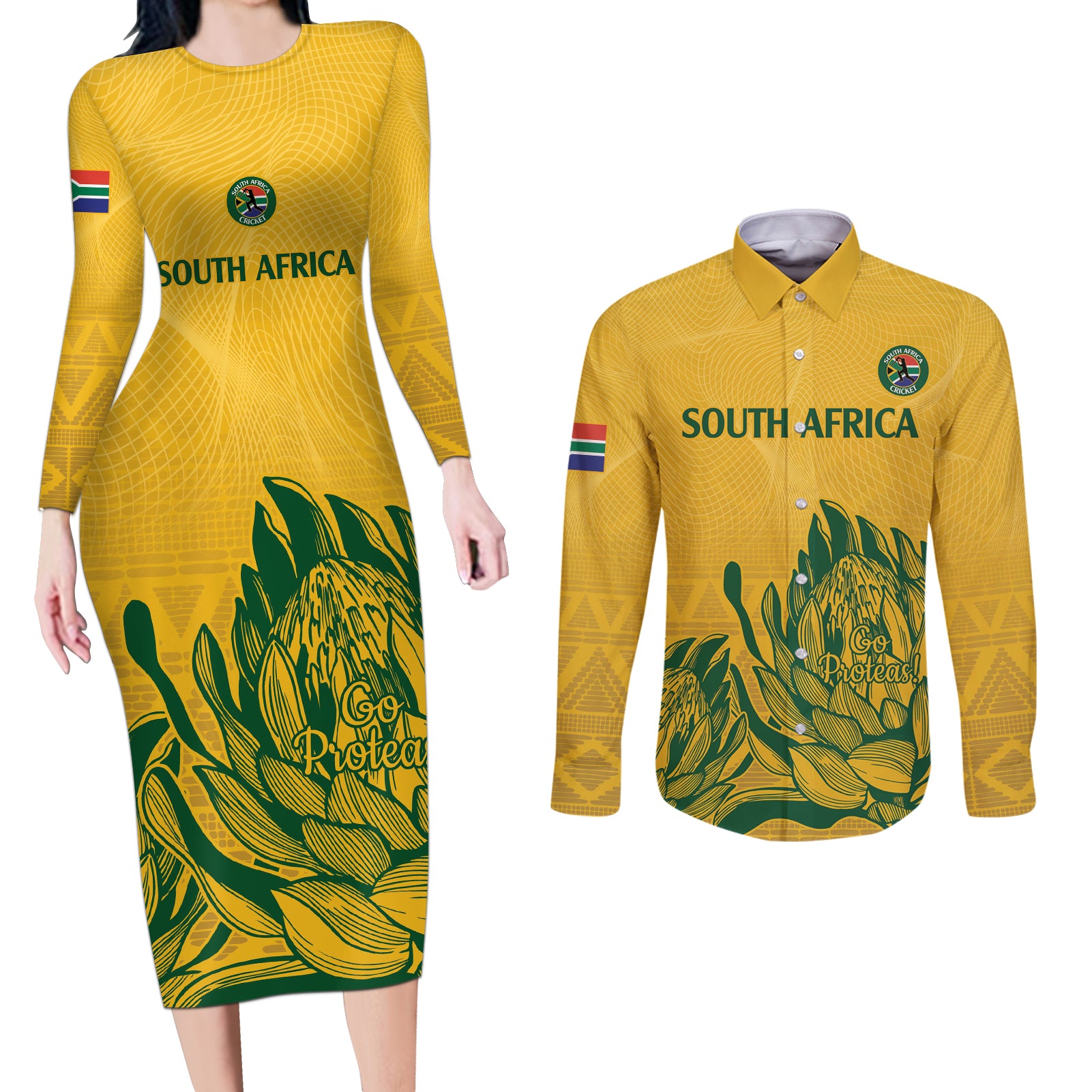 Custom South Africa Cricket Couples Matching Long Sleeve Bodycon Dress and Long Sleeve Button Shirt 2024 African Pattern Go Proteas - Wonder Print Shop