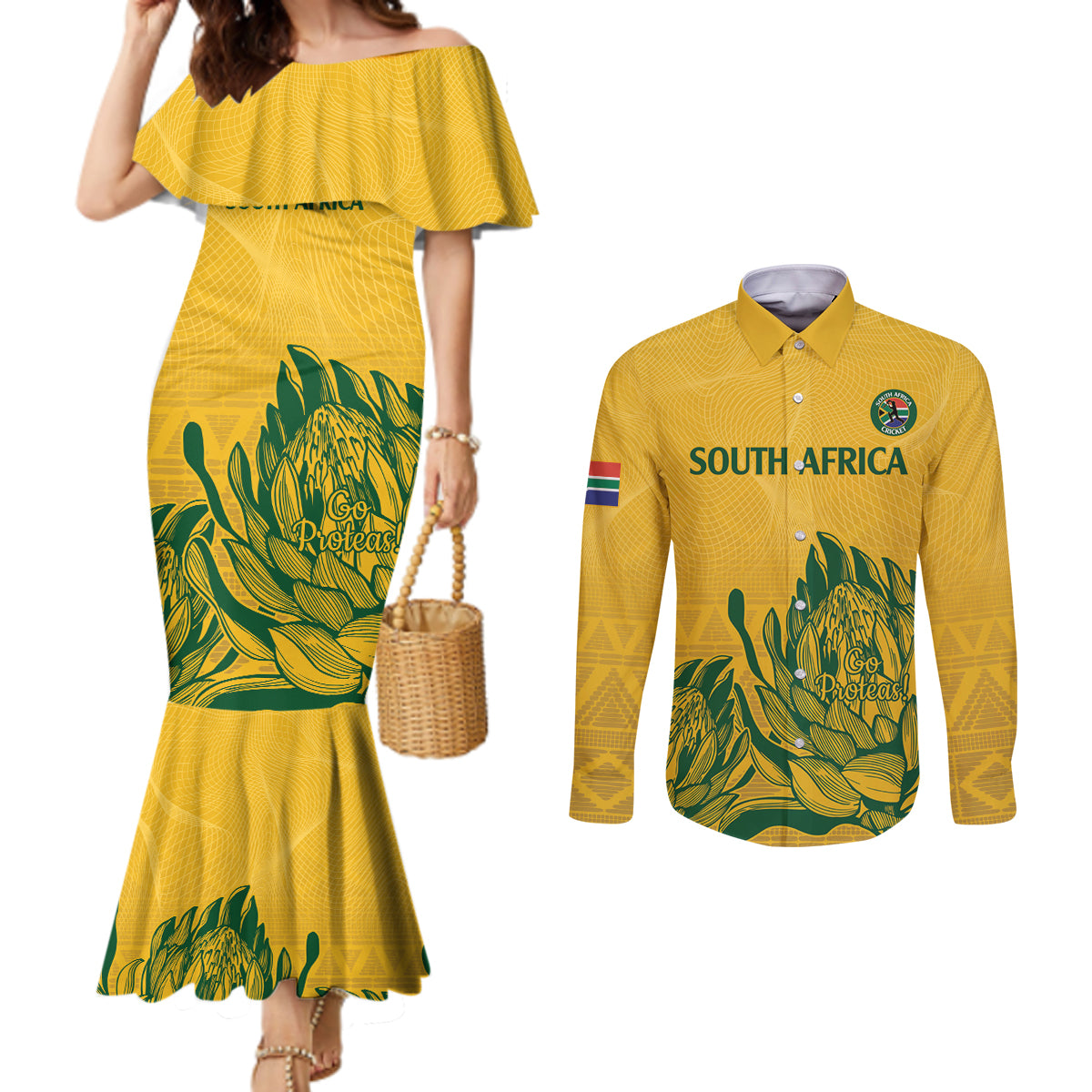 Custom South Africa Cricket Couples Matching Mermaid Dress and Long Sleeve Button Shirt 2024 African Pattern Go Proteas